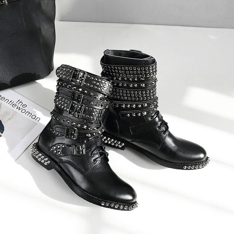 Biker Genuine Leather Womens Boots / Round Toe Autumn/Winter Motorcycle Rivet Ankle Boots in Black - HARD'N'HEAVY
