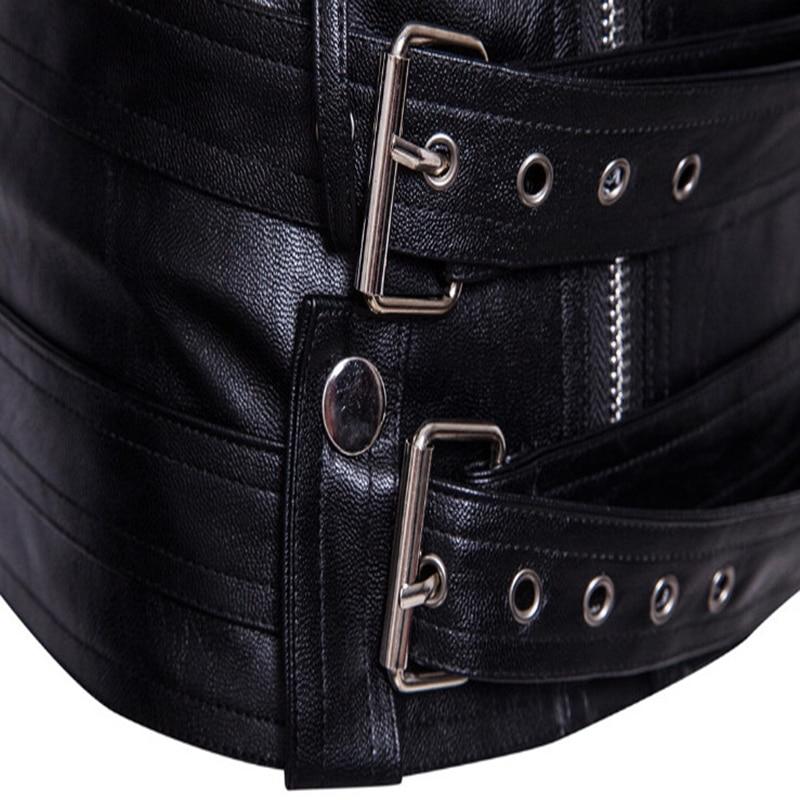 Close-up of adjustable straps on a men's faux leather biker jacket, showcasing its edgy rock style design.