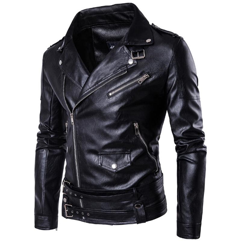 Men's biker jacket with turn-down collar in faux leather, featuring zippers and adjustable waist straps.