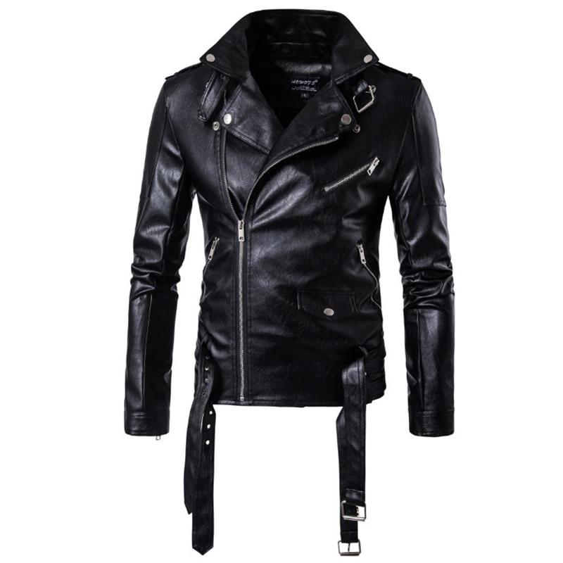 Men's biker jacket with turn-down collar, adjustable waist straps, and stylish zippers in gothic faux leather.