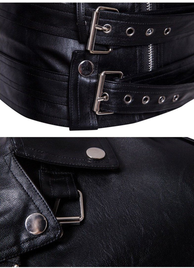 Close-up of adjustable straps and zippers on a men's biker faux leather jacket with Gothic style.