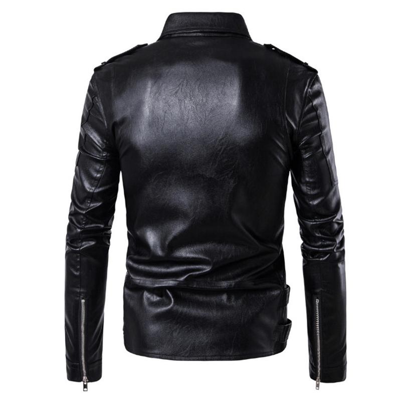 Back view of a stylish men's biker jacket in black faux leather with adjustable straps and multiple zippers.