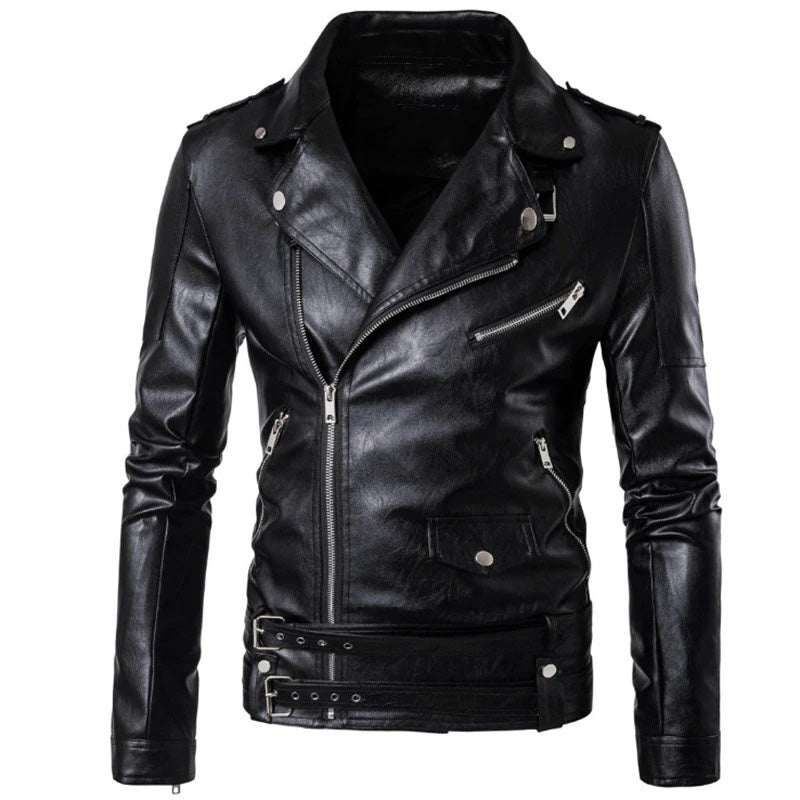 Men's biker jacket with turn-down collar in faux leather, featuring zippers and adjustable straps for a goth rock look.