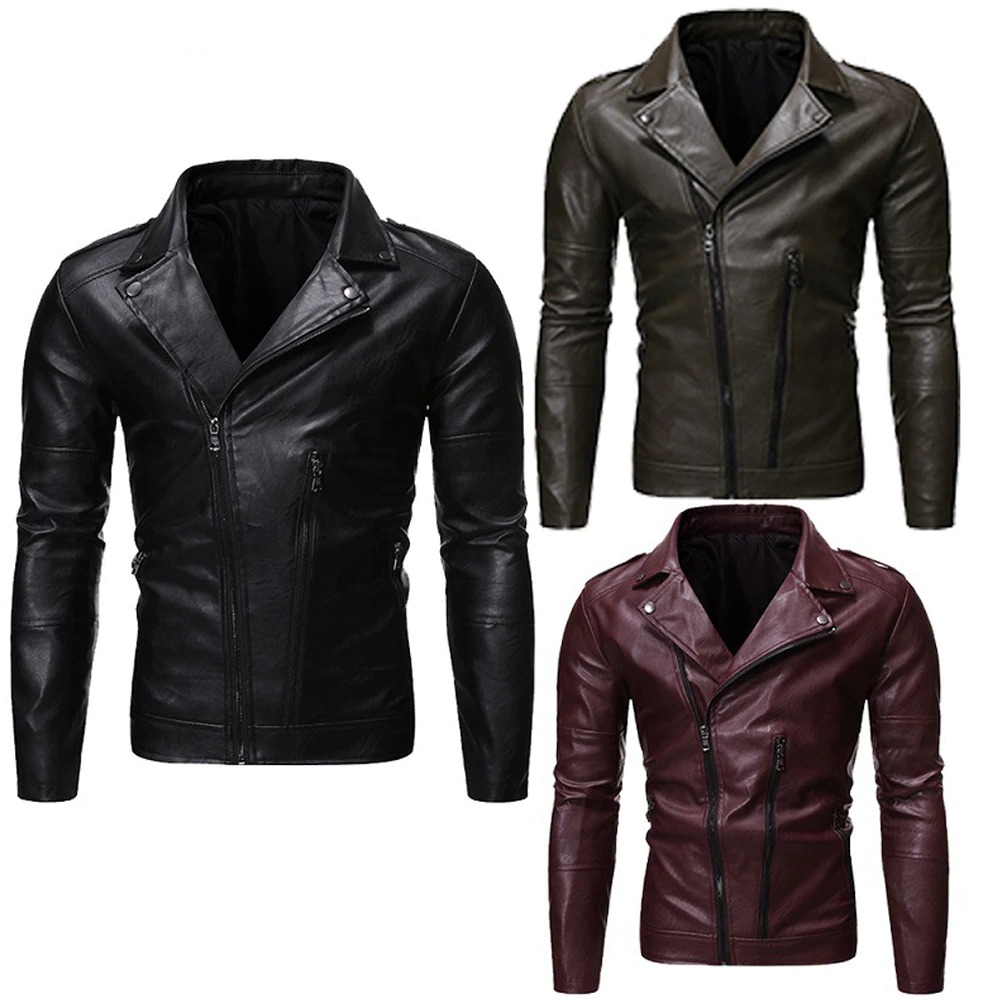 Men's PU leather biker jackets in black, green, and burgundy with oblique zippers for a stylish look.