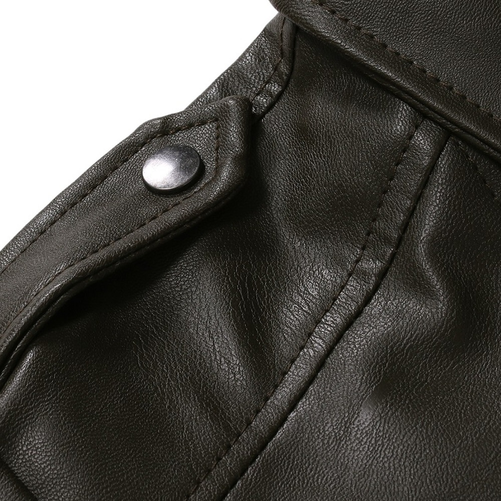 Close-up of stylish PU leather biker jacket showcasing silver snap button and soft texture for men.