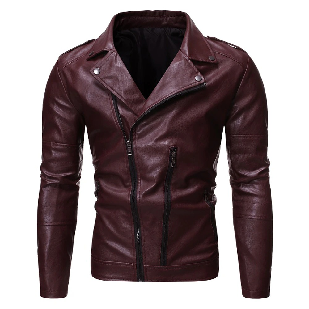 Stylish men's biker jacket in maroon PU leather with oblique zipper and fitted cut, perfect for bold fashion statements.
