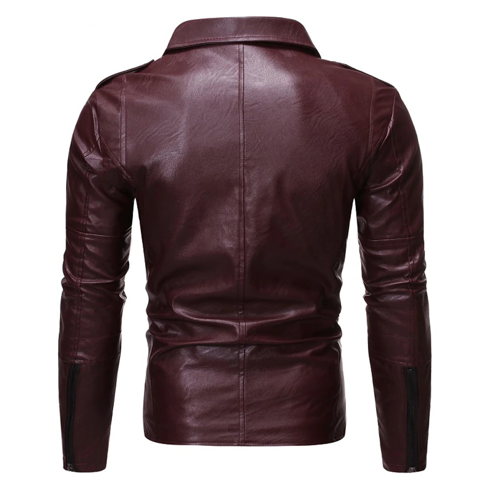 Back view of a stylish men's biker jacket in burgundy PU leather with a fitted design and silver zippers.