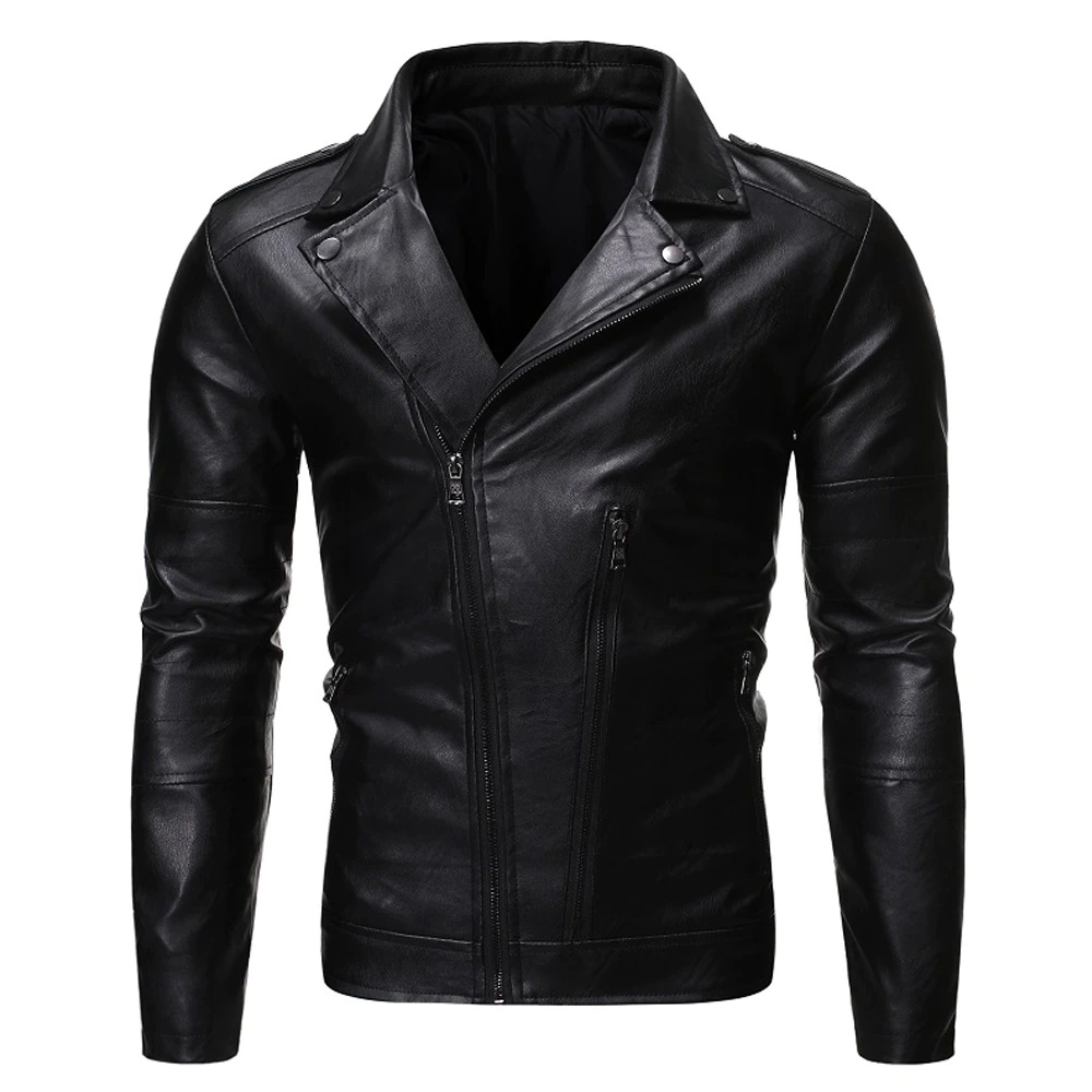 Men's black biker jacket with oblique zipper, made of PU leather for a stylish and fitted look.