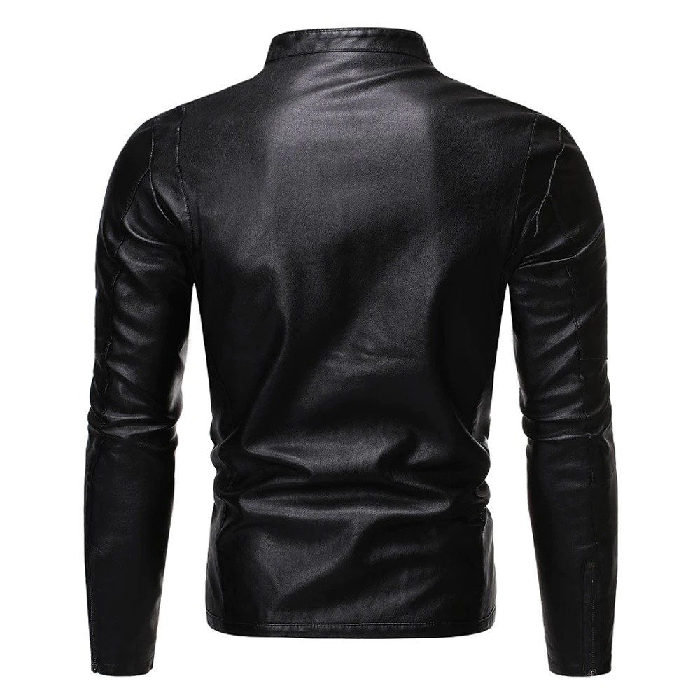 Back view of a stylish black biker jacket made of PU leather with fitted cut and sleek design.