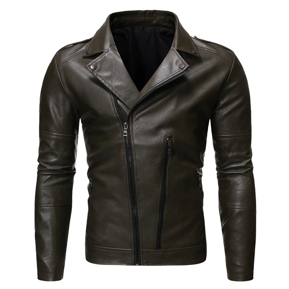 Men's biker jacket in dark brown PU leather with oblique zipper and fitted design for a stylish look.