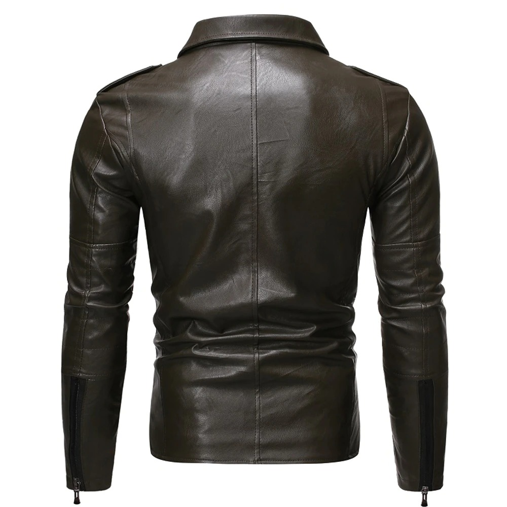 Back view of men's solid PU leather biker jacket with oblique zipper in green, showcasing fitted style and sleek design.