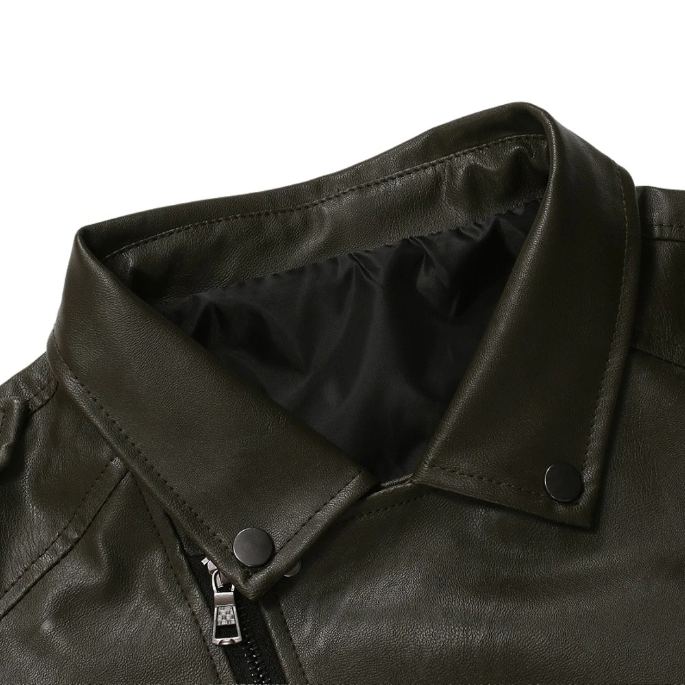 Close-up of the collar and zipper detail of a men's PU leather biker jacket in dark green.