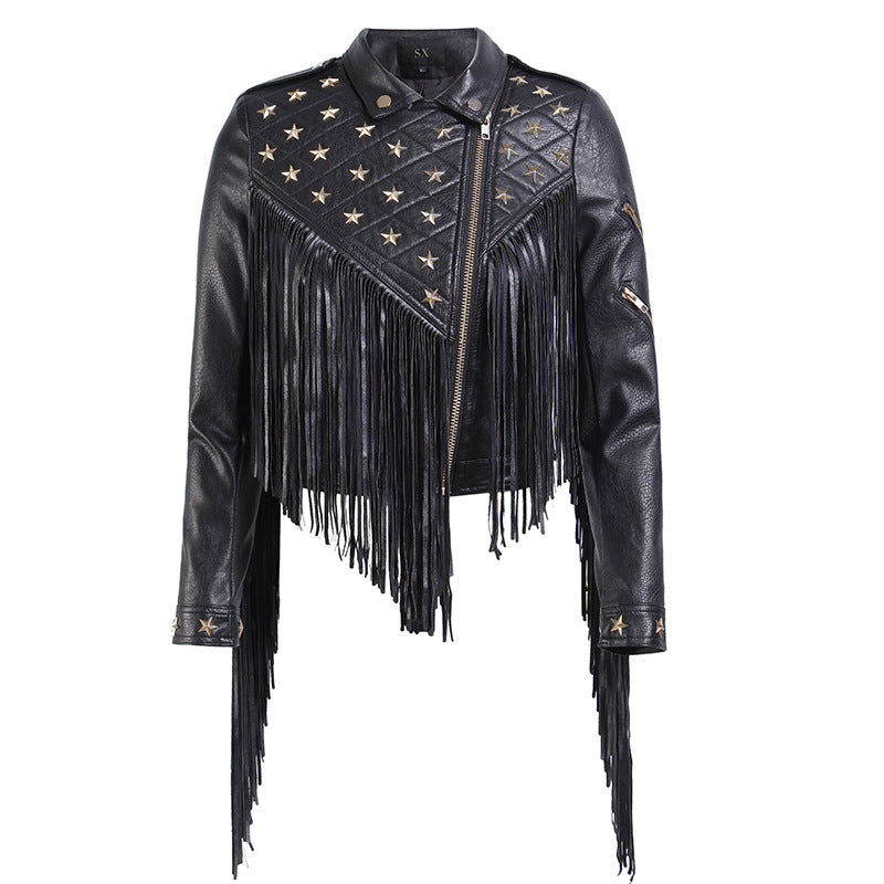 Biker leather jacket for women with black tassels, stars, and zip closure for a stylish rugged look.