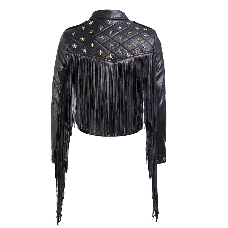 Stylish black biker leather jacket for women featuring tassels and star embellishments, perfect for edgy fashion enthusiasts.