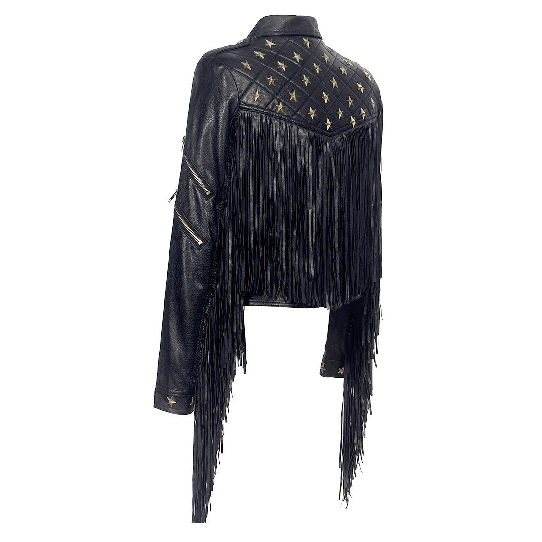 Stylish women's black biker leather jacket with star embellishments and trendy tassels for a bold look.