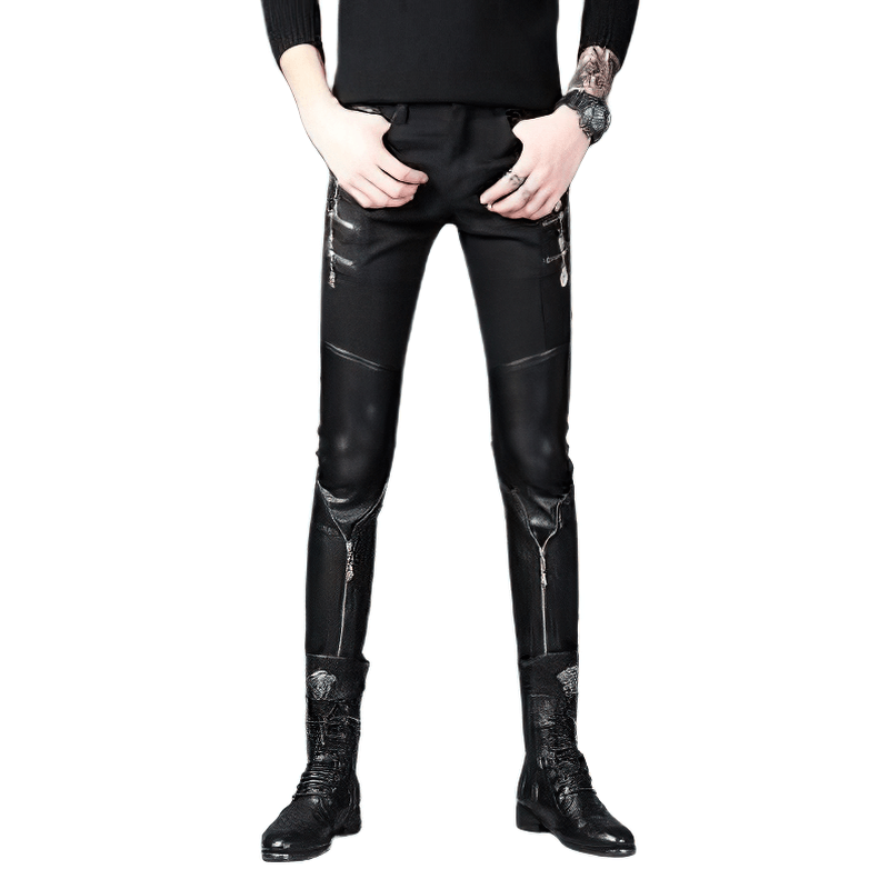 Biker-style men's black patchwork skinny pants, perfect for a trendy wardrobe upgrade.