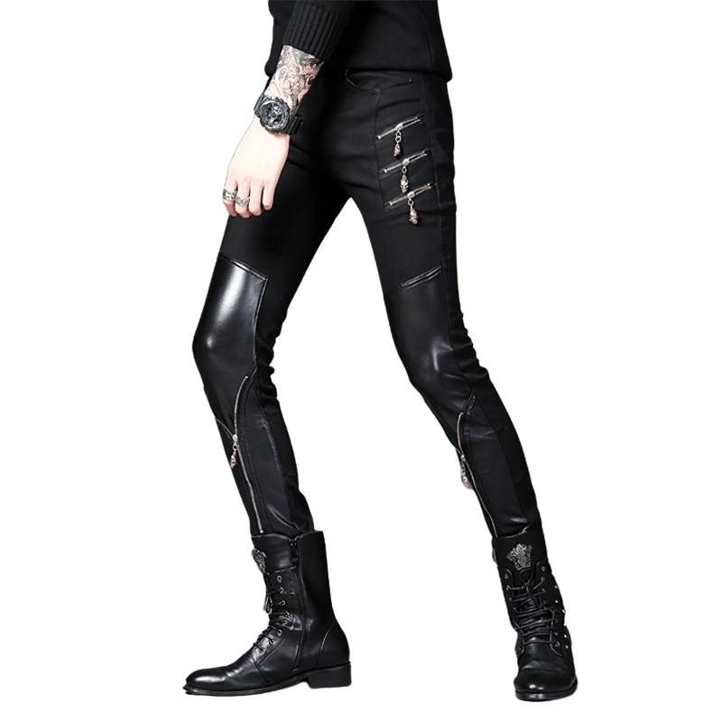 Trendy men's biker style patchwork skinny pants in black with zippers, paired with stylish black boots.