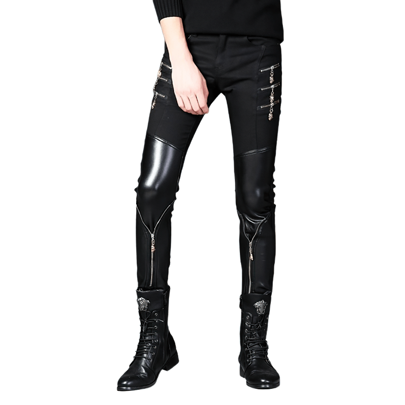 Men's biker patchwork slim fit trousers in black, featuring edgy zip details and stylish skinny cut.