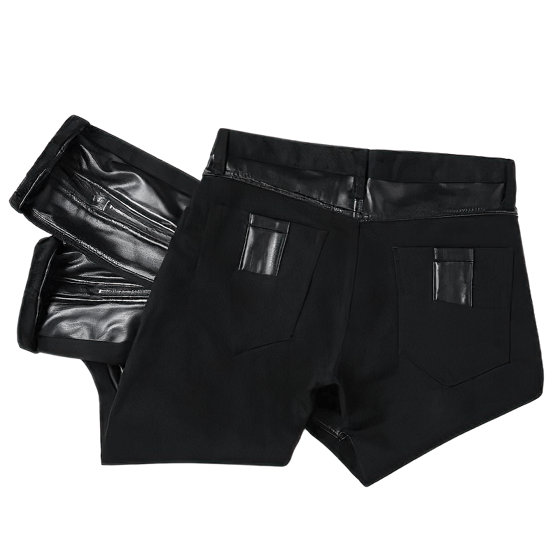 Men's patchwork black skinny trousers showing stylish biker design and sleek details, perfect for a trendy wardrobe.