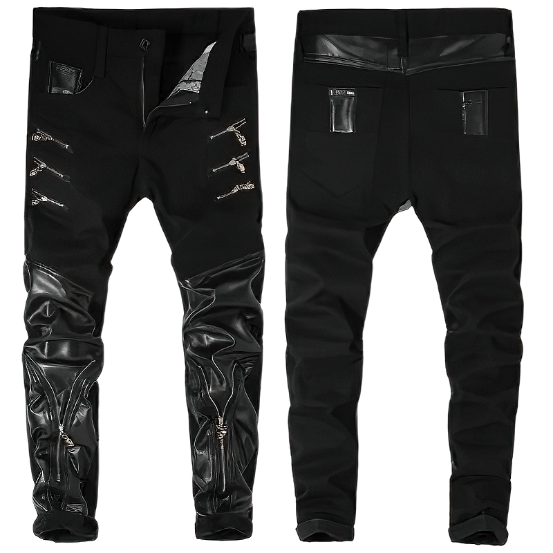 Men's patchwork black skinny trousers with biker style design and glossy accents, perfect for a trendy look.