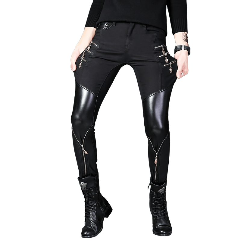 Men's biker patchwork black skinny pants with zippers and stylish cut, perfect for a trendy outfit.