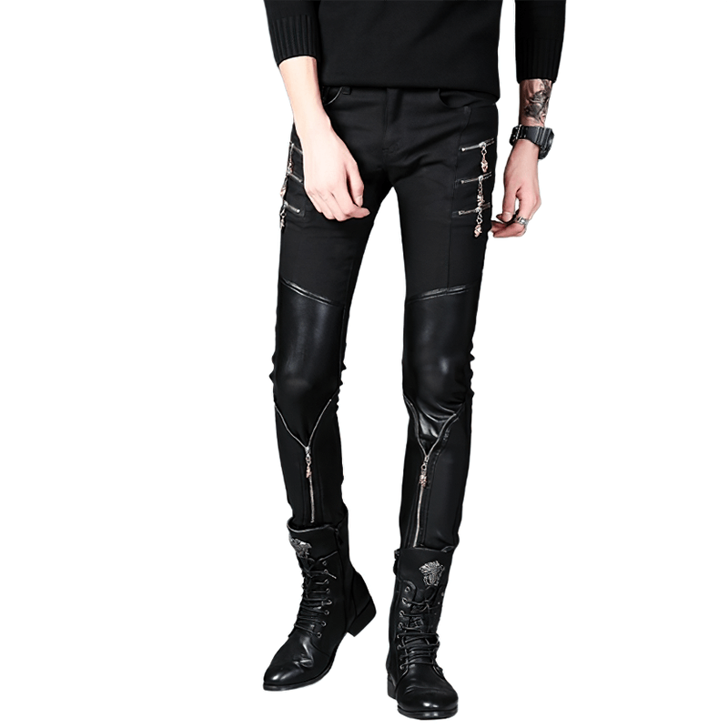 Men's biker patchwork black skinny trousers featuring stylish zippers and pockets, perfect for a trendy look.