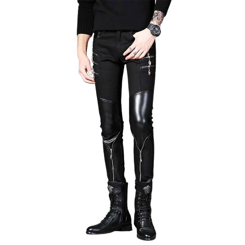 Fashionable men's patchwork black skinny pants with biker style and zippers, perfect for trendy outfits.