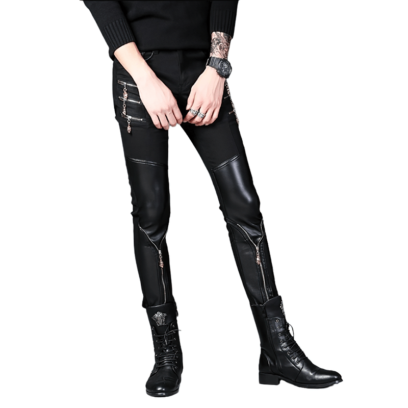 Biker style black skinny pants for men with patchwork design, perfect for a trendy wardrobe addition.