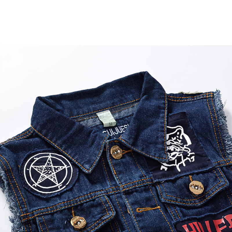 Biker Men Denim Vests with Pentagrams / Blue Patches Design Waistcoat in Gothic Style - HARD'N'HEAVY