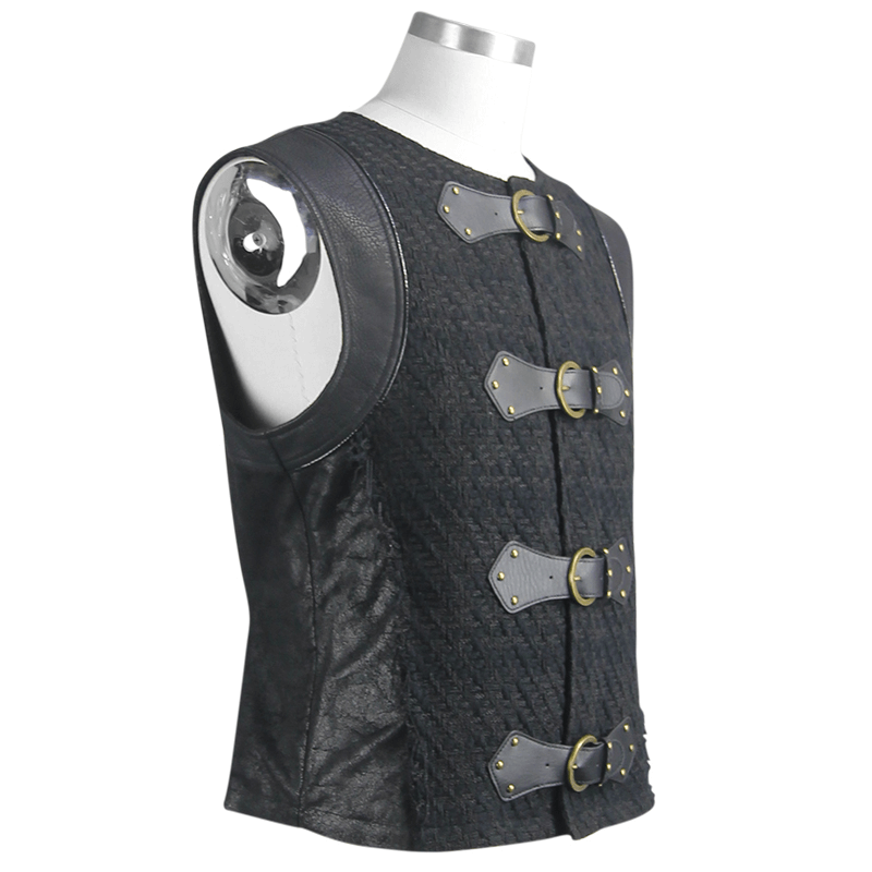 Biker Men's Black Waistcoat With Four Wide Buckles / Alternative Fashion Apparel