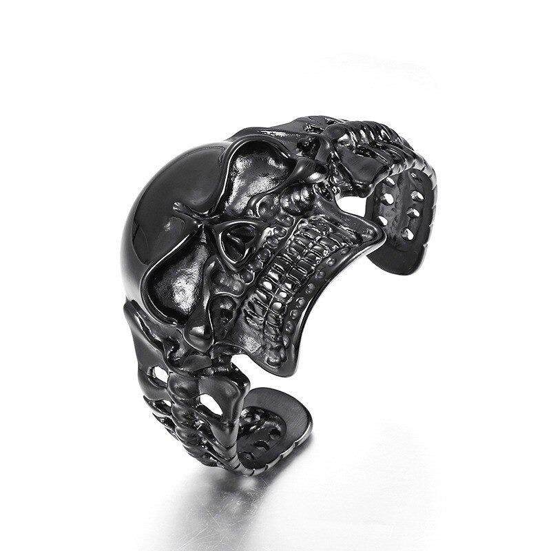 Biker Men's Skull Stainless Steel Black Color  Bracelet / Gothic Male Open Bracelets - HARD'N'HEAVY