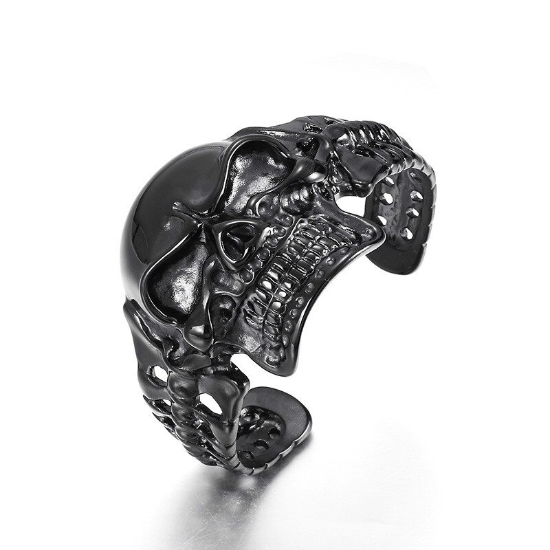 Men's gothic skull bracelet in black stainless steel, perfect for stylish outfits and edgy looks.