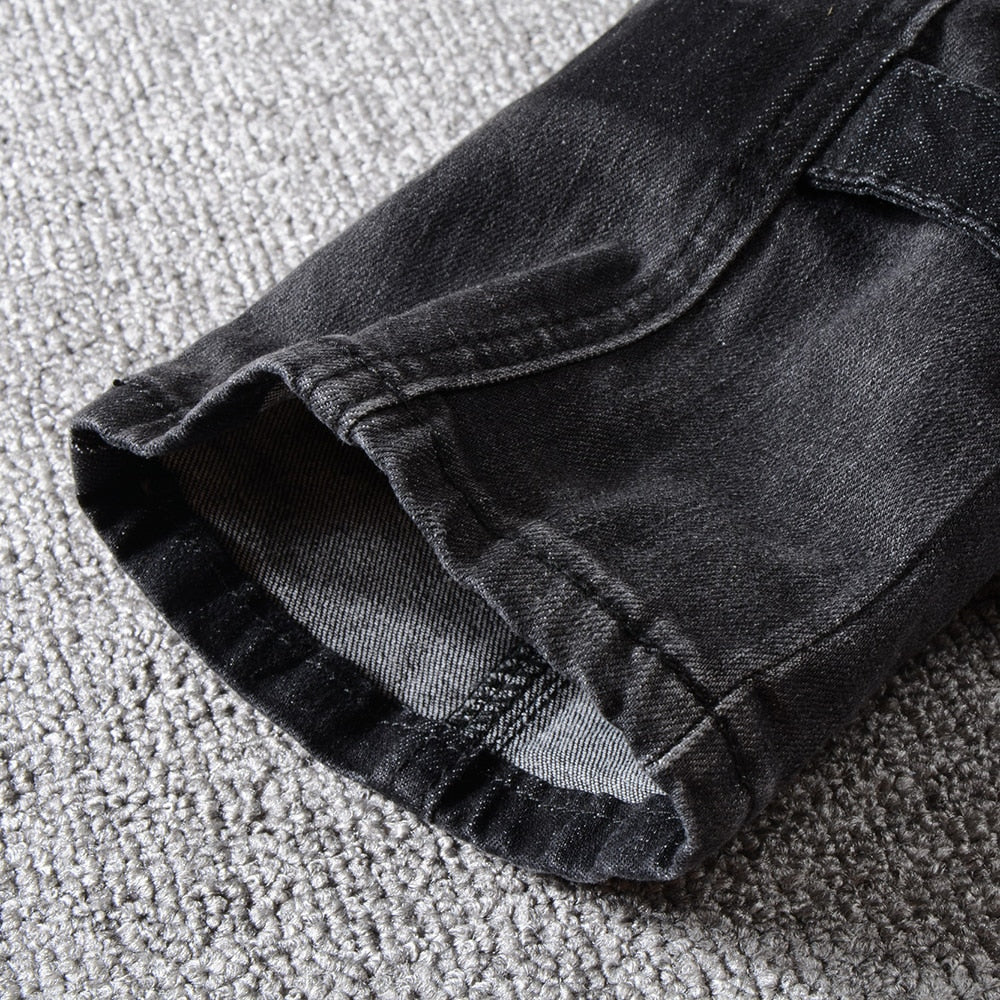Biker Pants / Men's patchwork & pockets  black cargo Jeans / Motorcycle trousers - HARD'N'HEAVY