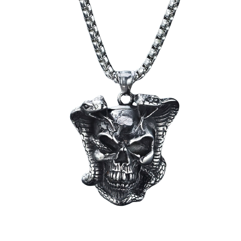 Biker pendant necklace featuring a striking devil skull skeleton with snake detail, perfect for punk fashion lovers.