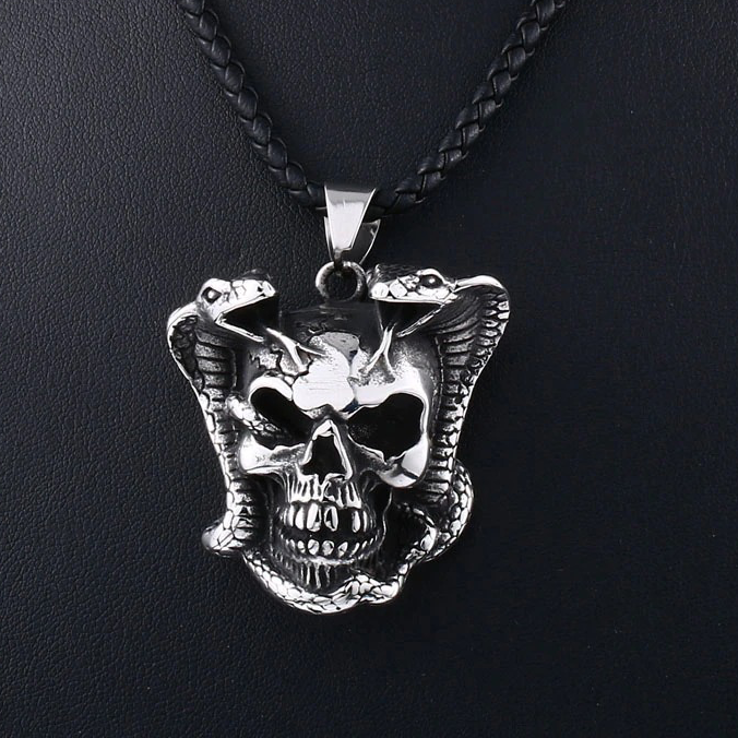 Biker pendant necklace with a devil skull and snakes, perfect punk accessory for bold styles
