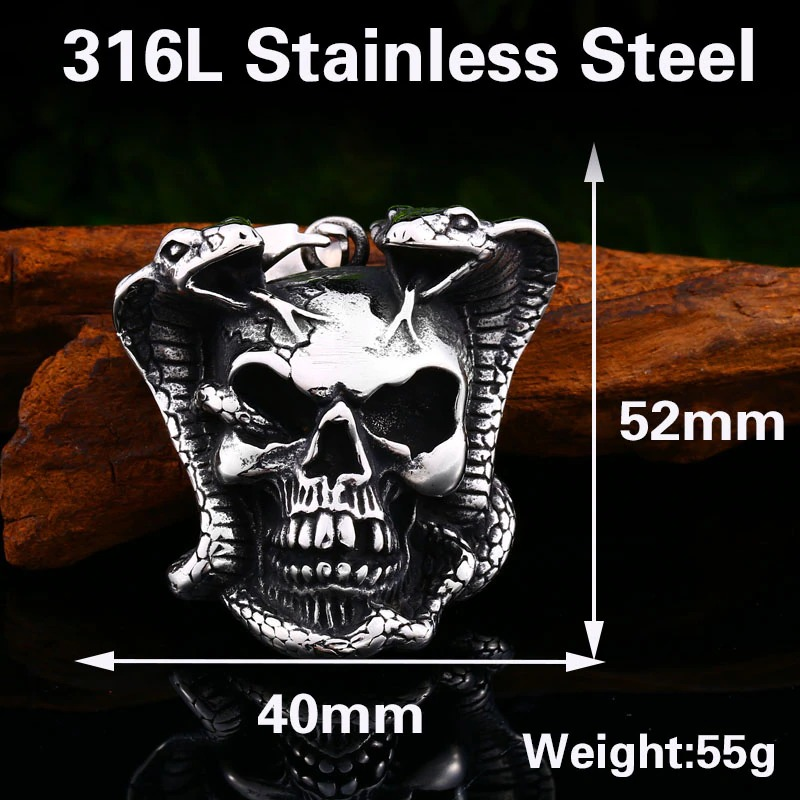Biker pendant necklace featuring a devil skull surrounded by snakes, crafted from 316L stainless steel.