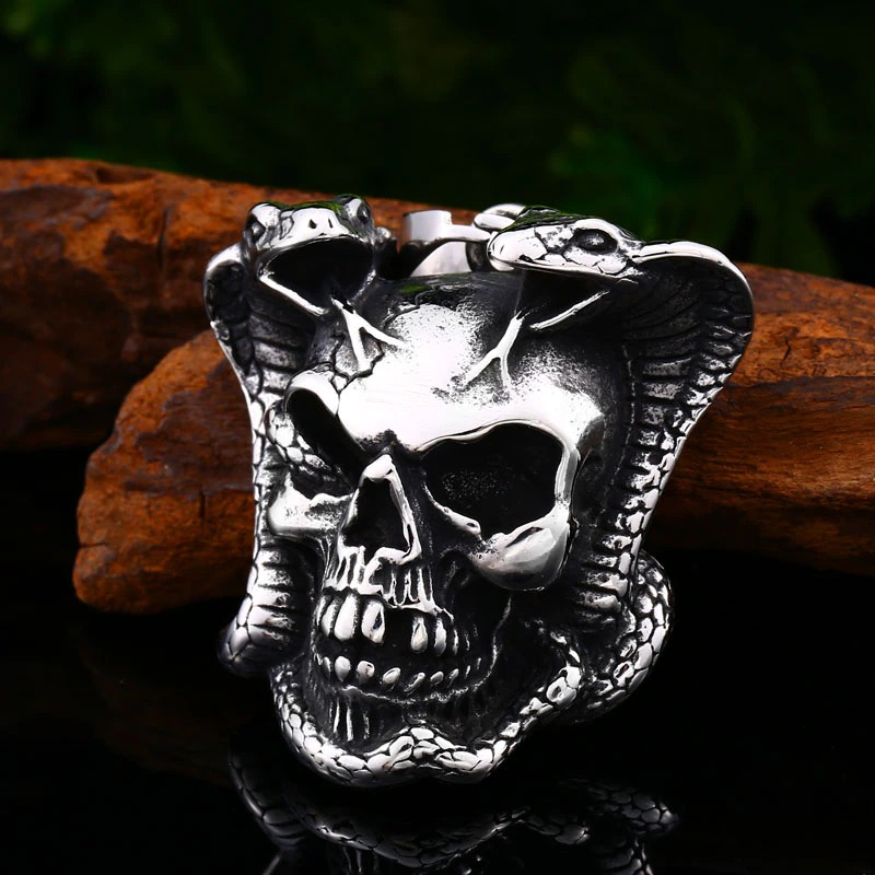 Stainless steel biker pendant necklace featuring a devil skull skeleton with snake details, perfect for punk fashion.
