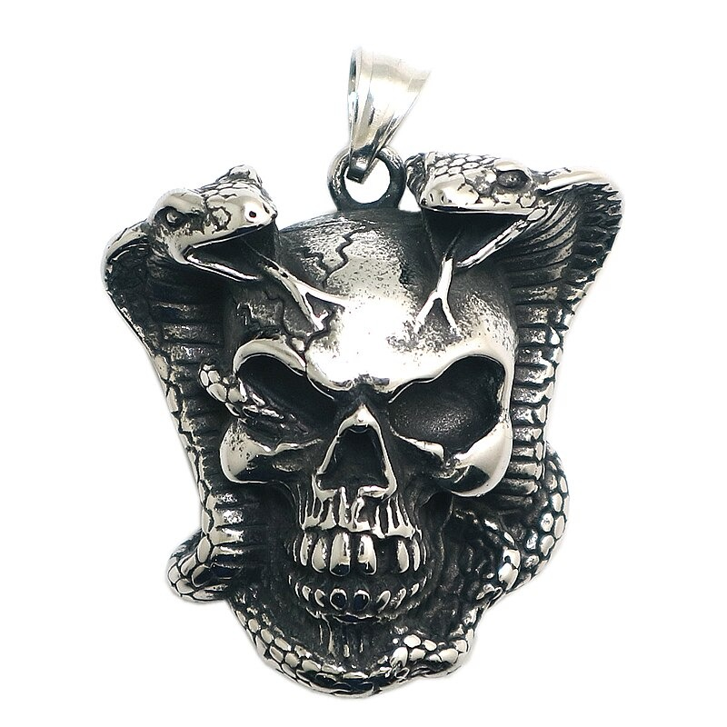 Biker pendant necklace featuring a devil skull with snakes, perfect punk jewelry for bold styles.