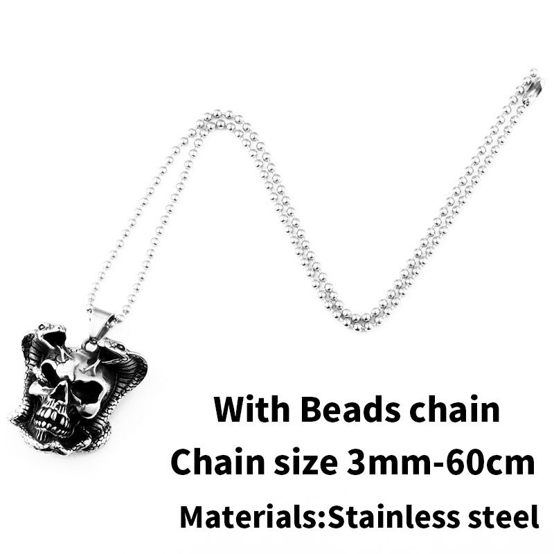 Biker pendant necklace featuring a devil skull skeleton, stainless steel beaded chain, edgy punk jewelry.