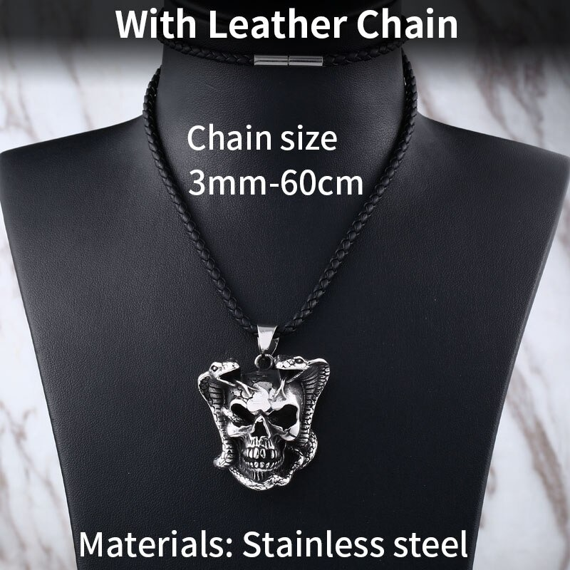 Biker pendant necklace featuring a devil skull skeleton with a leather chain, stylish punk accessory in stainless steel.
