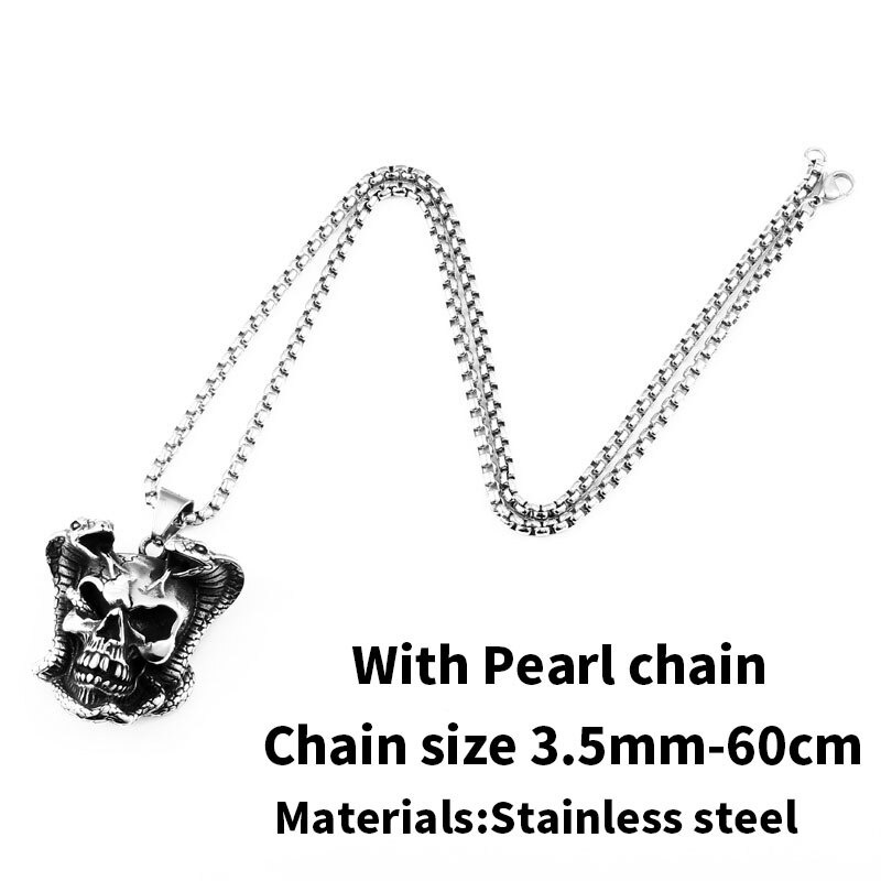 Biker pendant necklace featuring a devil skull skeleton, stainless steel with pearl chain, 3.5mm-60cm.