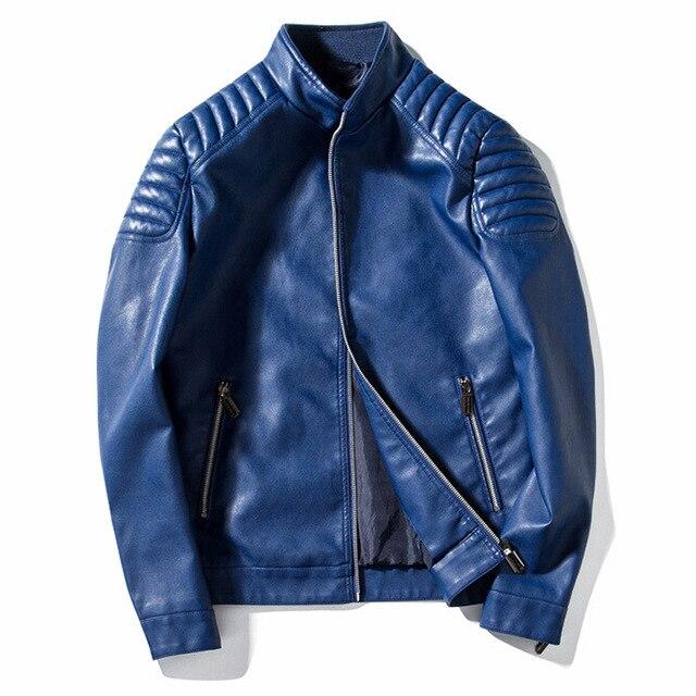 Stylish blue biker leather jacket with quilted shoulder details and zipper pockets.