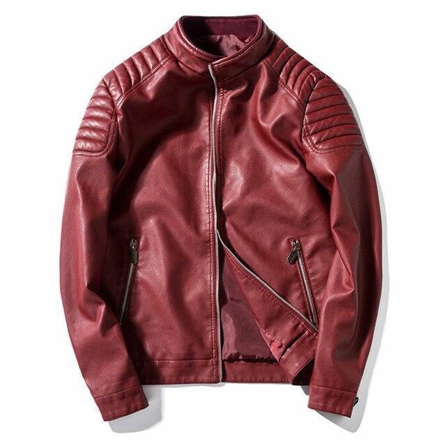 Stylish red biker PU leather jacket with ribbed shoulders and zippers, perfect for a rock or goth outfit.