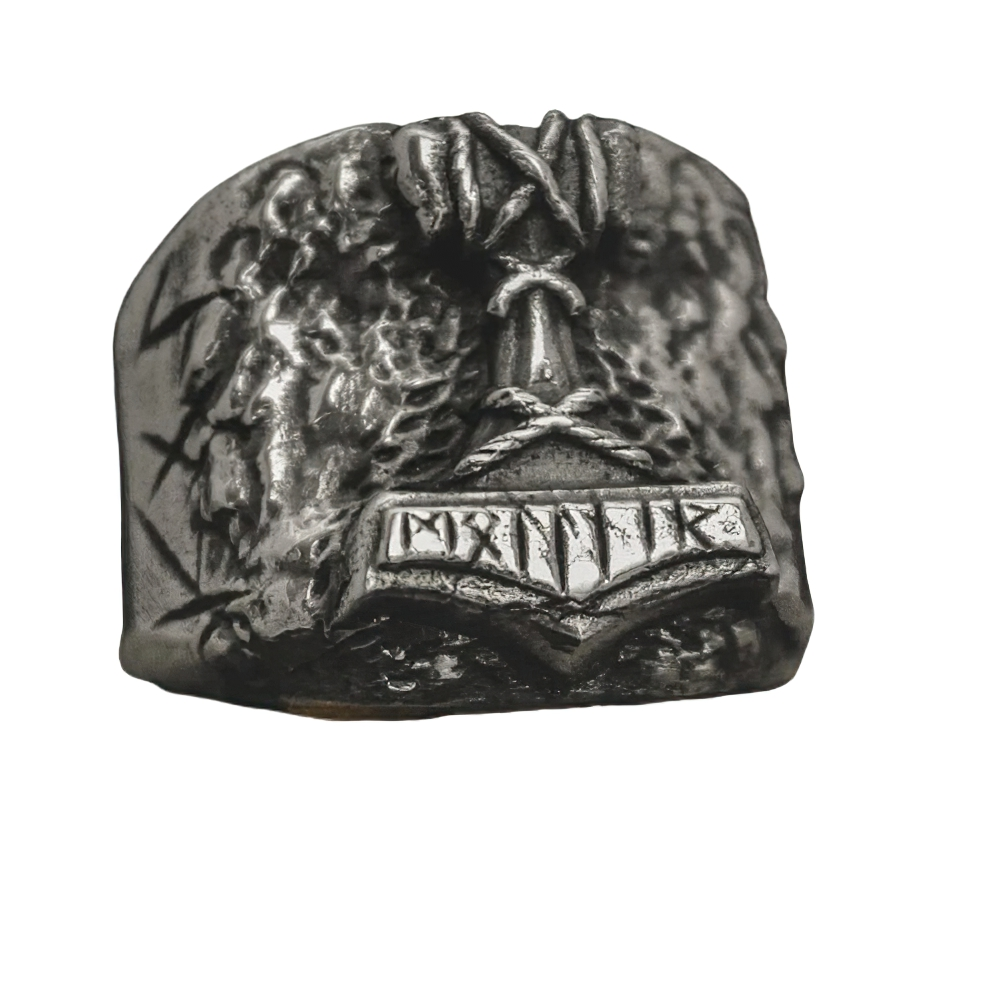 Biker ring with rune design, steel amulet for men, stylish jewelry accent for biker looks.