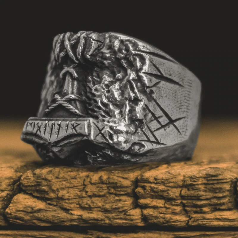 Biker ring with rune design, steel amulet jewelry for men, perfect for stylish motorcycle enthusiasts.
