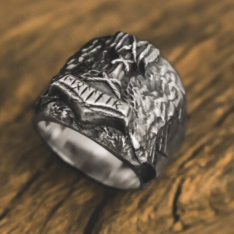 Biker ring with intricate rune design, perfect men's amulet jewelry for stylish outfits.