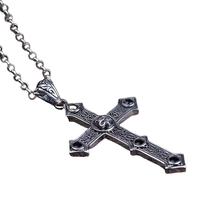 Unisex biker-style 925 sterling silver cross pendant with intricate skull design, perfect for alternative fashion.