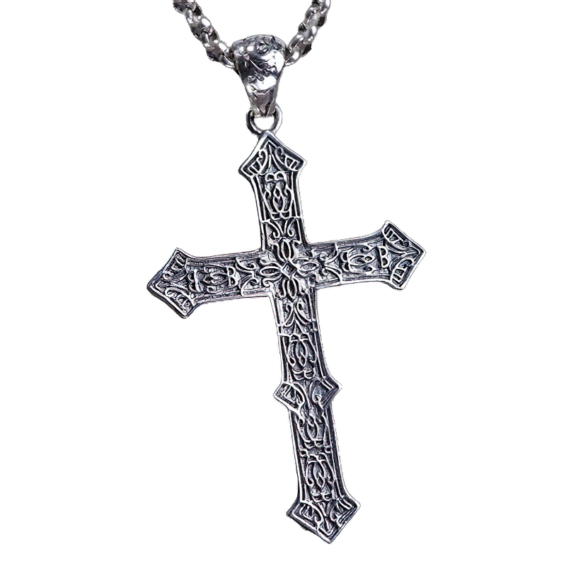Unisex biker-style 925 sterling silver cross pendant with skull design, perfect for alternative fashion and vintage jewelry lovers.