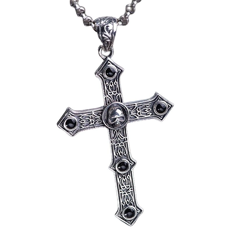 Biker solid 925 sterling silver cross pendant with skull design for unisex alternative fashion. Vintage biker jewelry.