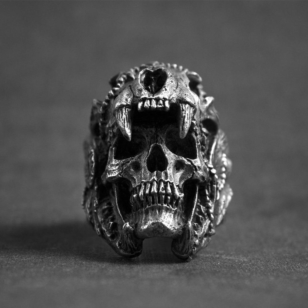Intricate biker stainless steel ring featuring a skull and fierce bear design, perfect for rock style enthusiasts.